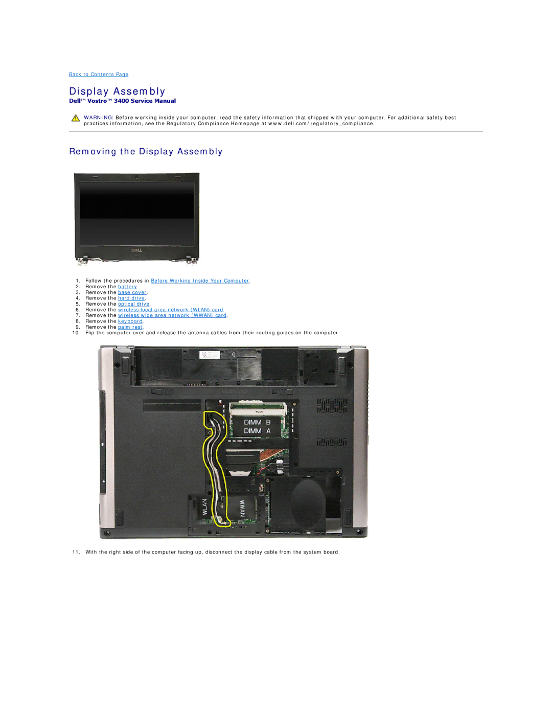 Dell 3400 specifications Removing the Display Assembly 