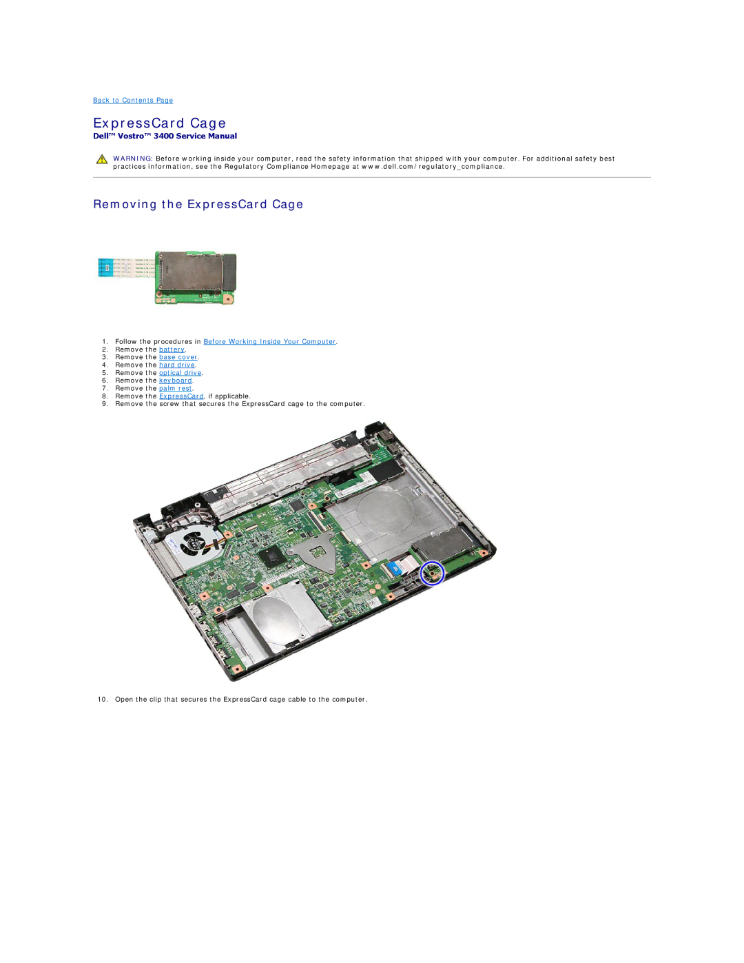 Dell 3400 specifications Removing the ExpressCard Cage 