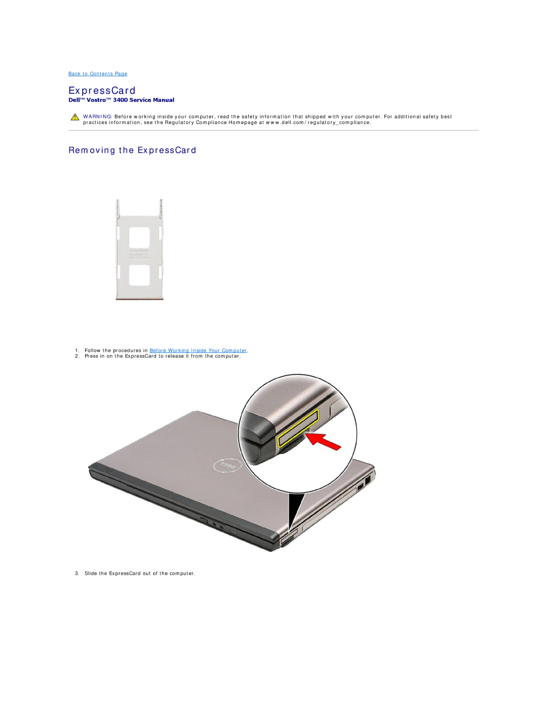 Dell 3400 specifications Removing the ExpressCard 