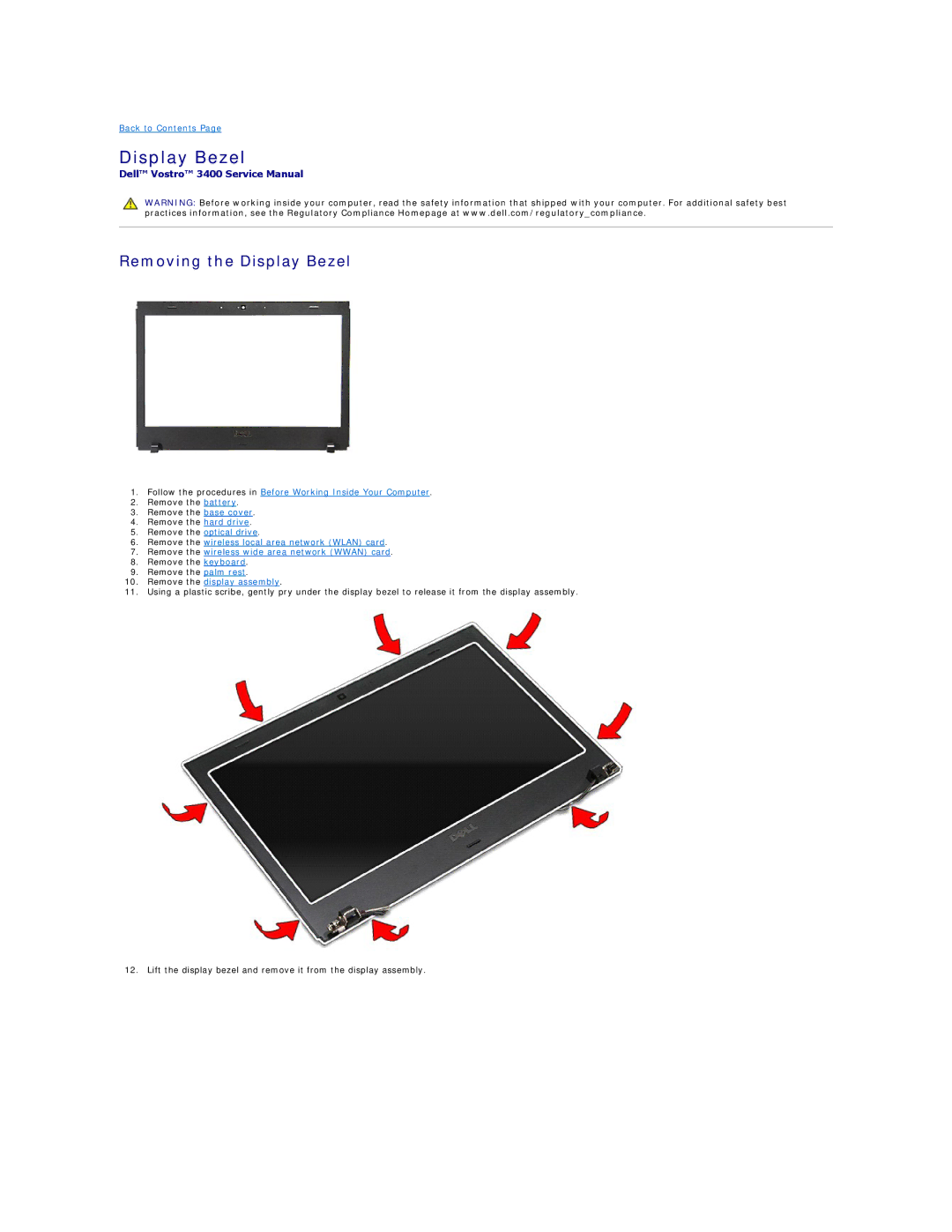 Dell 3400 specifications Removing the Display Bezel 