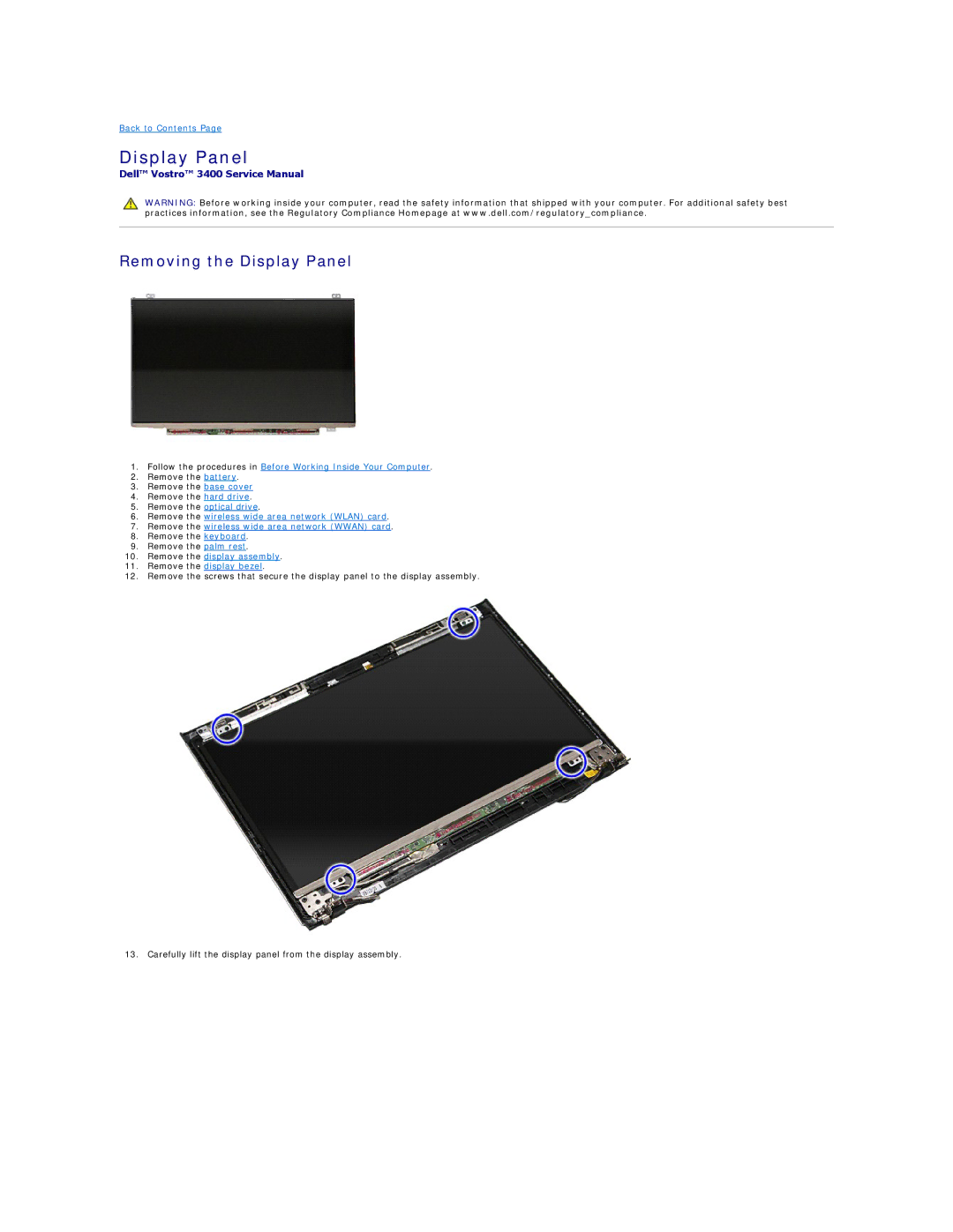 Dell 3400 specifications Removing the Display Panel 