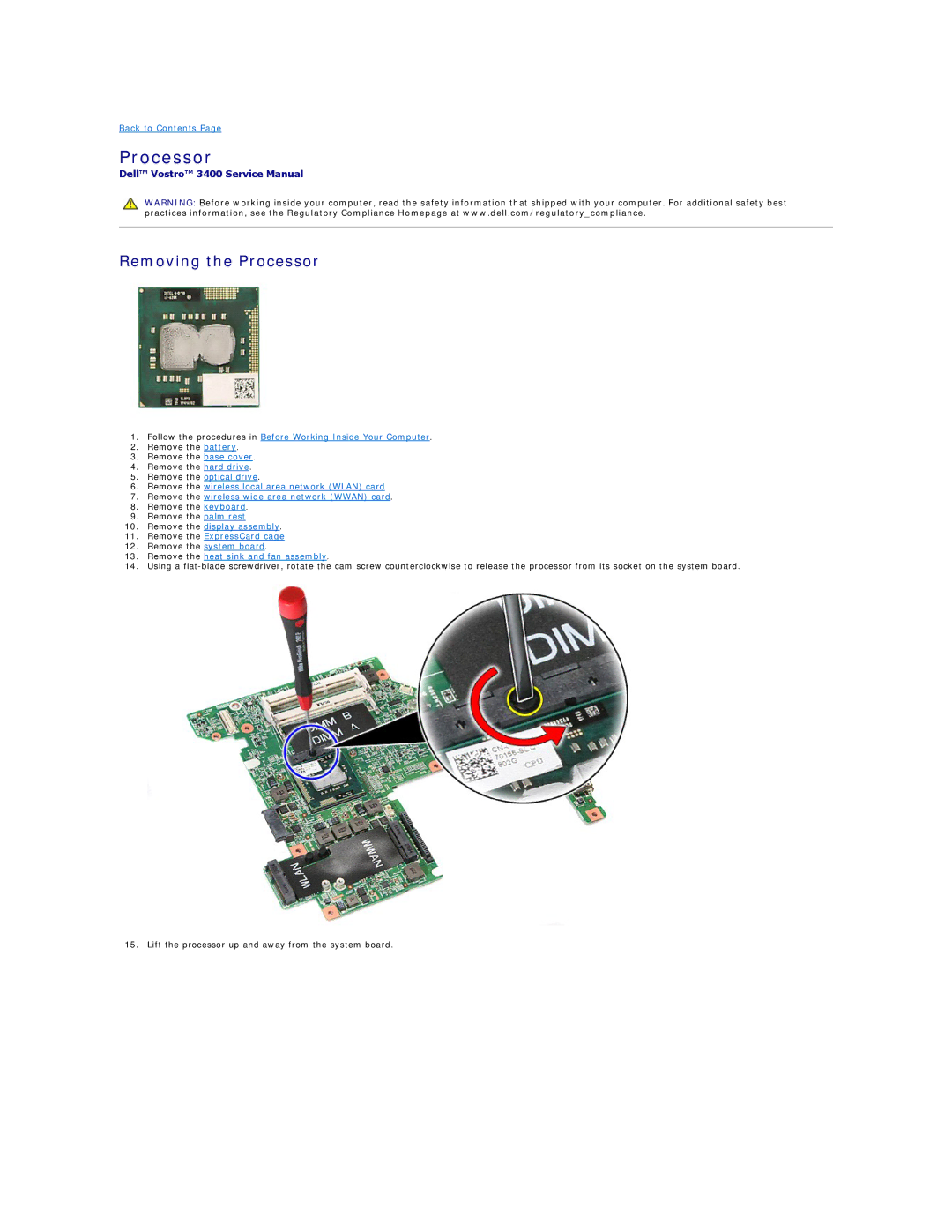 Dell 3400 specifications Removing the Processor 