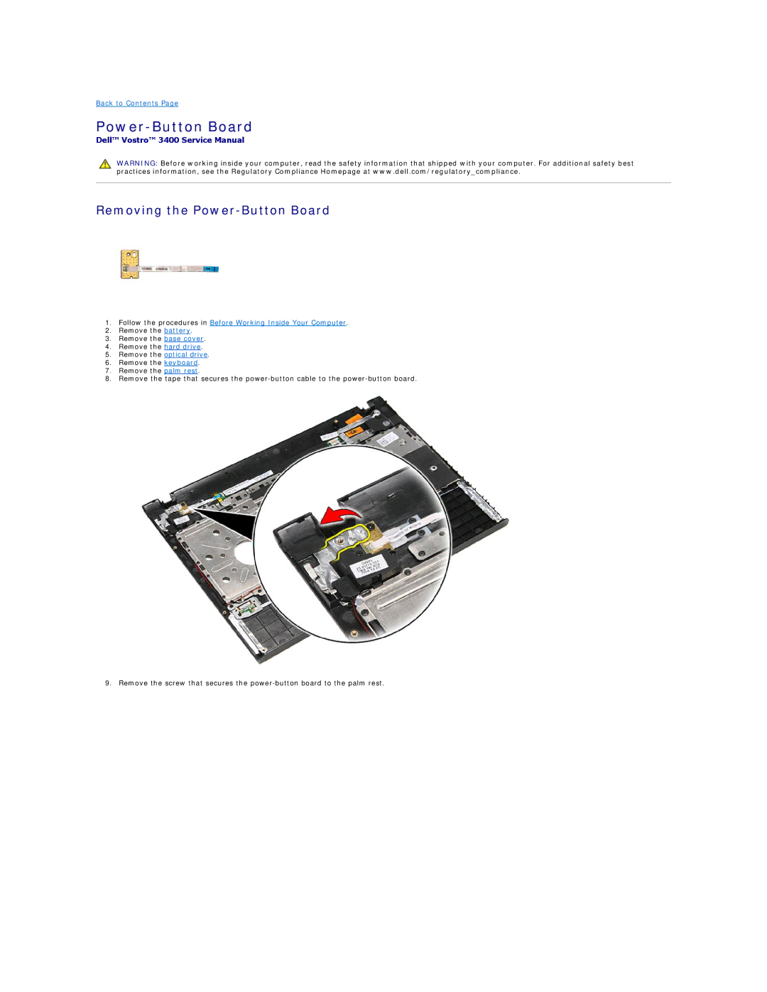 Dell 3400 specifications Removing the Power-Button Board 