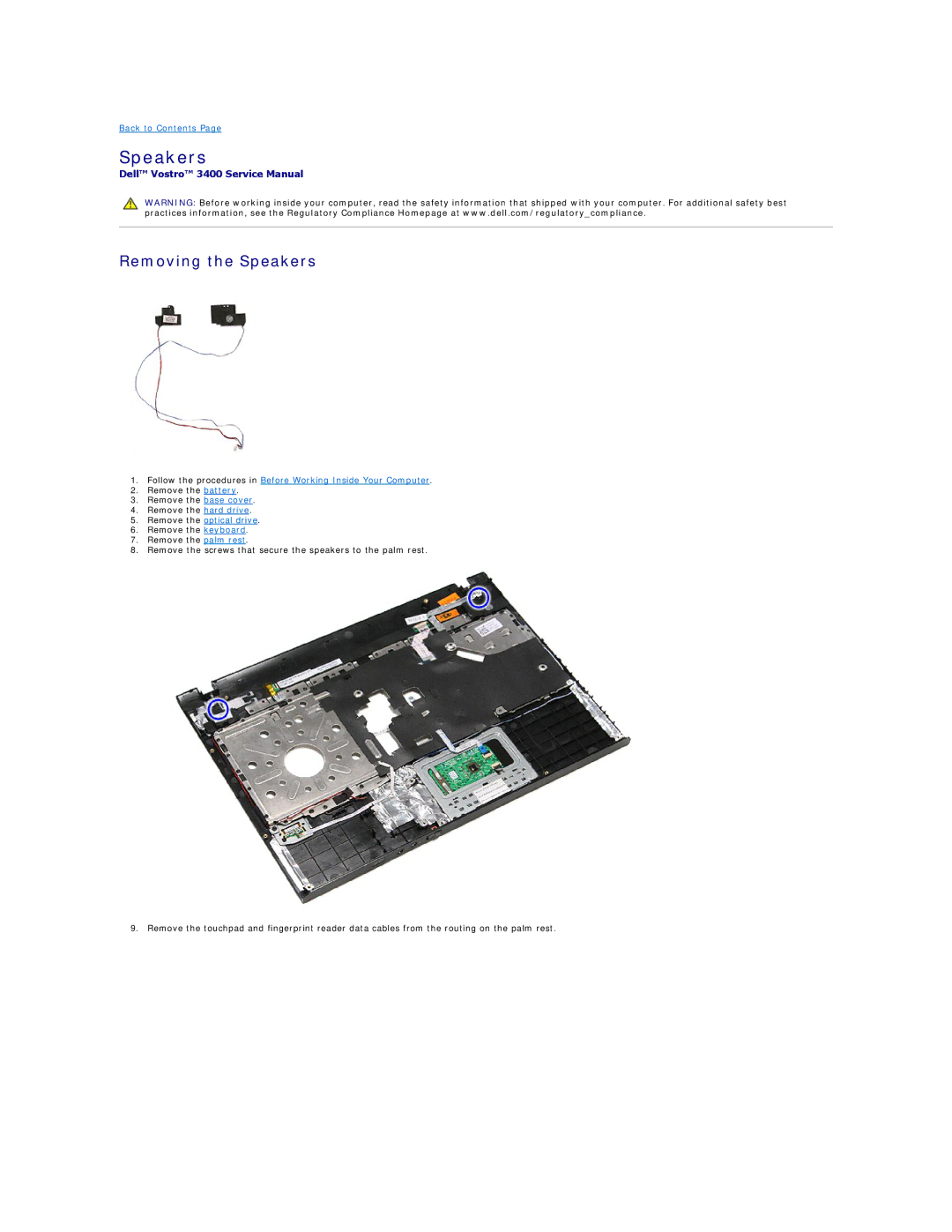 Dell 3400 specifications Removing the Speakers 