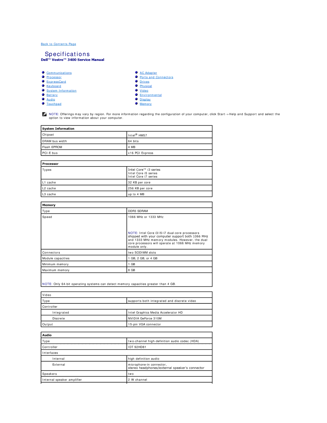 Dell 3400 specifications Specifications, Processor 