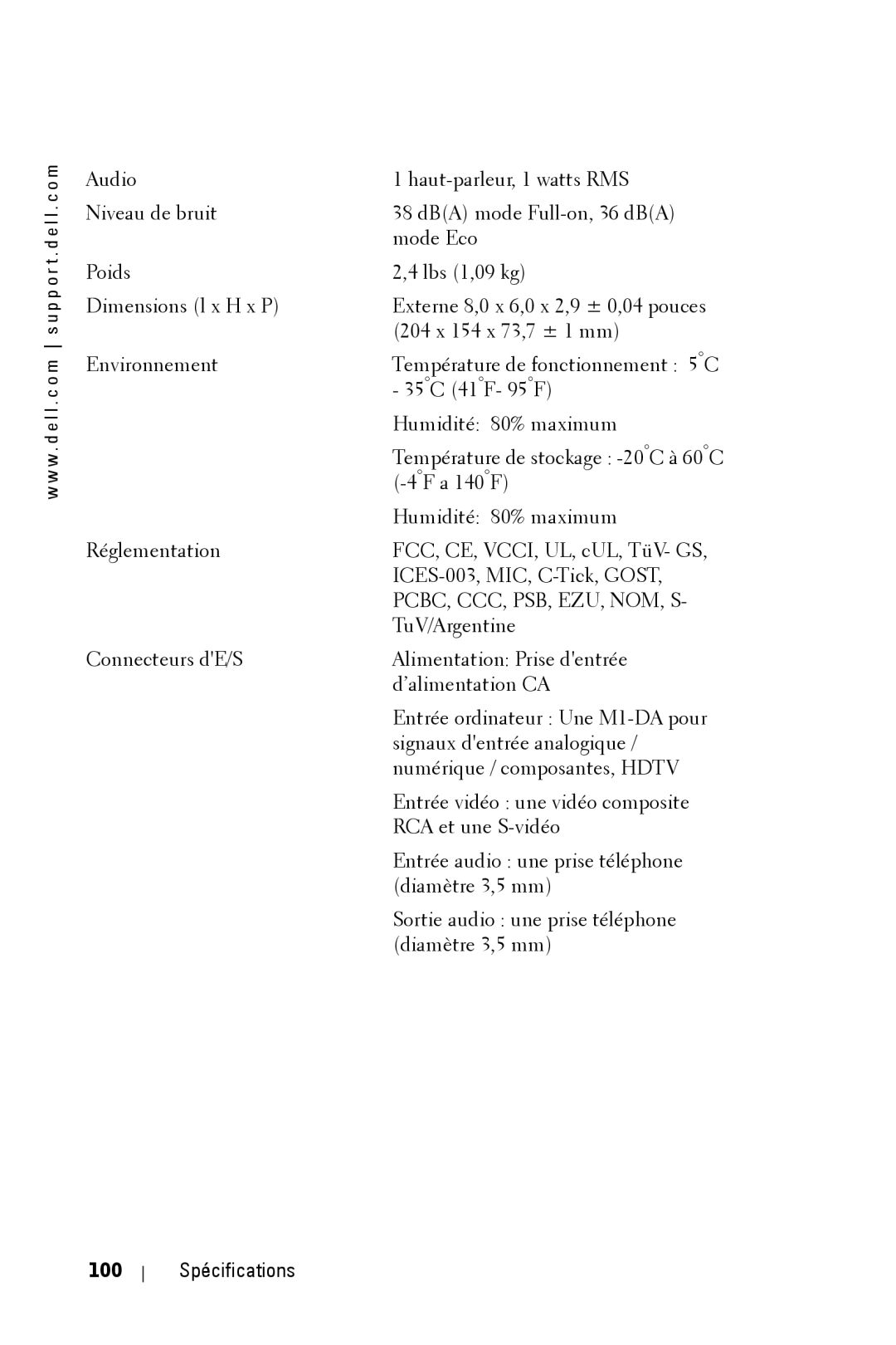 Dell 3400MP owner manual 100 Spécifications 