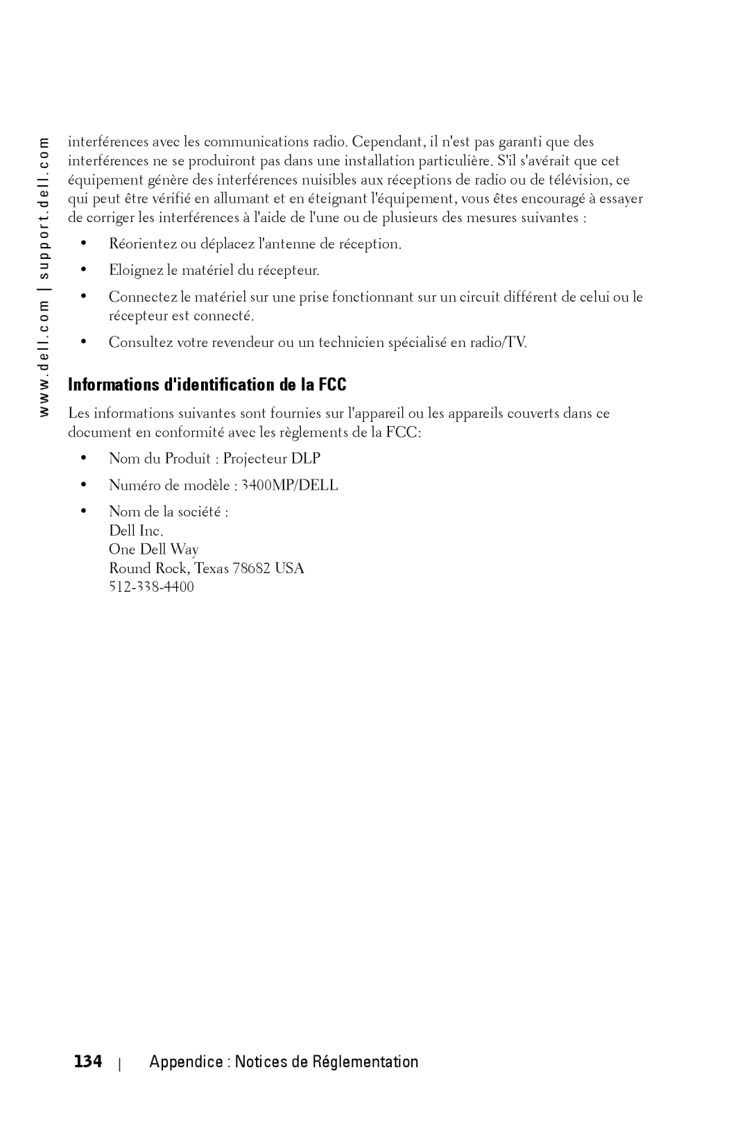 Dell 3400MP owner manual Informations didentification de la FCC, Appendice Notices de Réglementation 