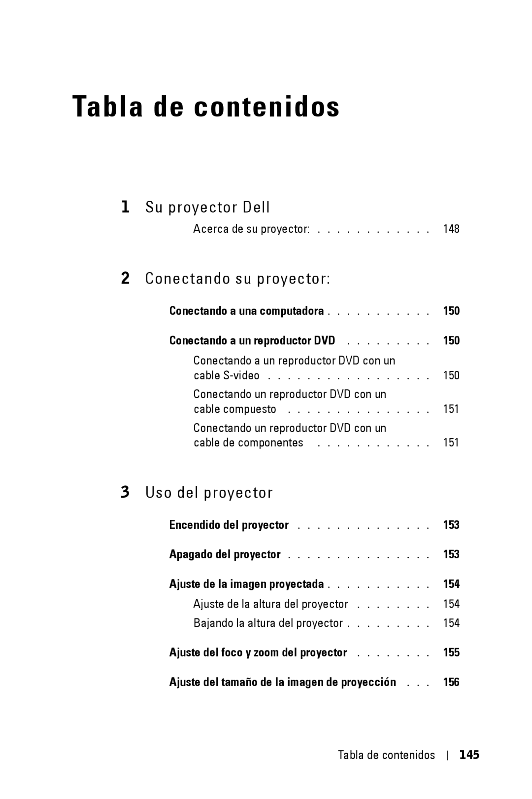 Dell 3400MP owner manual Tabla de contenidos, 153, 156 