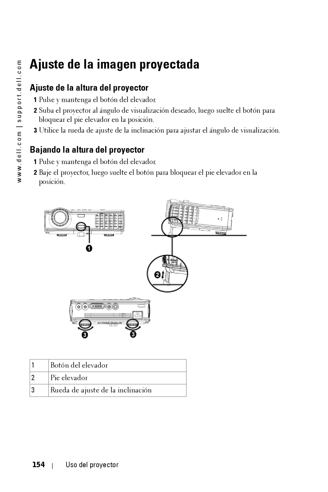 Dell 3400MP owner manual Ajuste de la imagen proyectada, Ajuste de la altura del proyector, Bajando la altura del proyector 