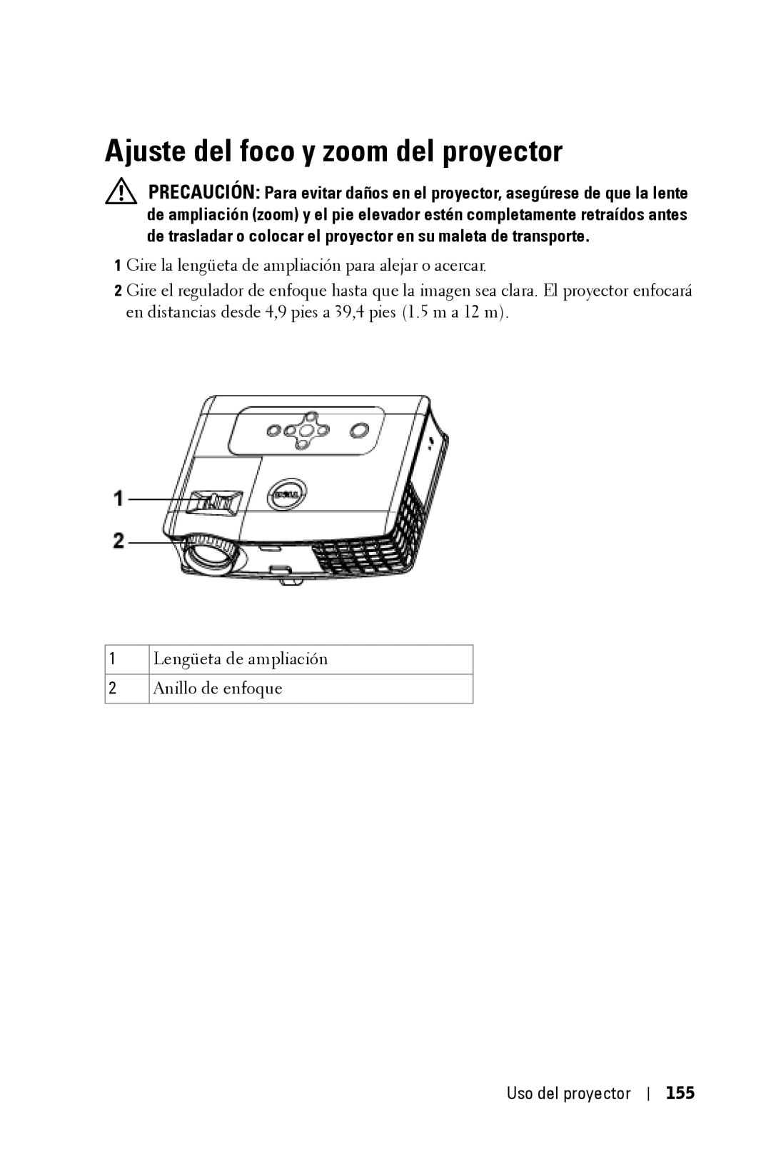 Dell 3400MP owner manual Ajuste del foco y zoom del proyector, Uso del proyector 155 