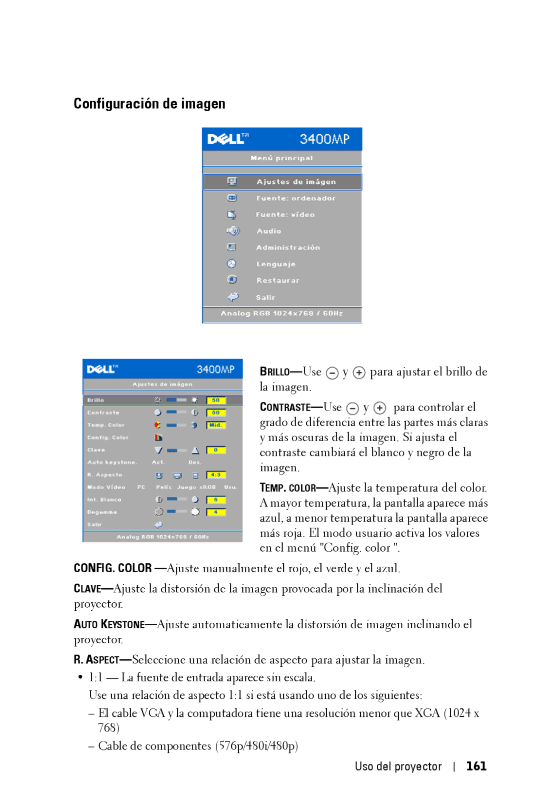 Dell 3400MP owner manual Configuración de imagen, Uso del proyector 161 