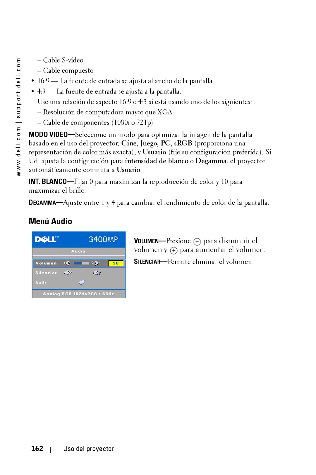 Dell 3400MP owner manual Menú Audio, Uso del proyector 