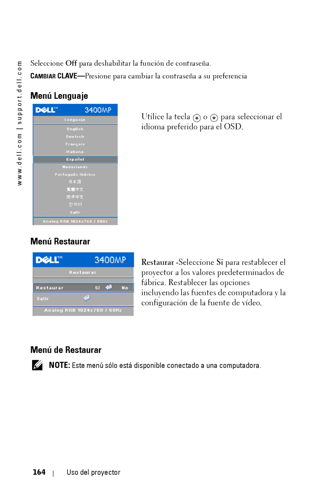 Dell 3400MP owner manual Menú Lenguaje, Menú Restaurar, Menú de Restaurar, Uso del proyector 