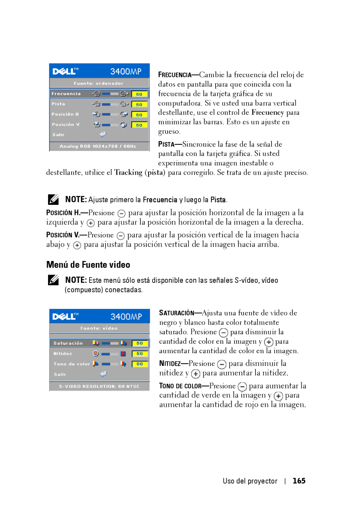 Dell 3400MP owner manual Menú de Fuente video, Uso del proyector 165 