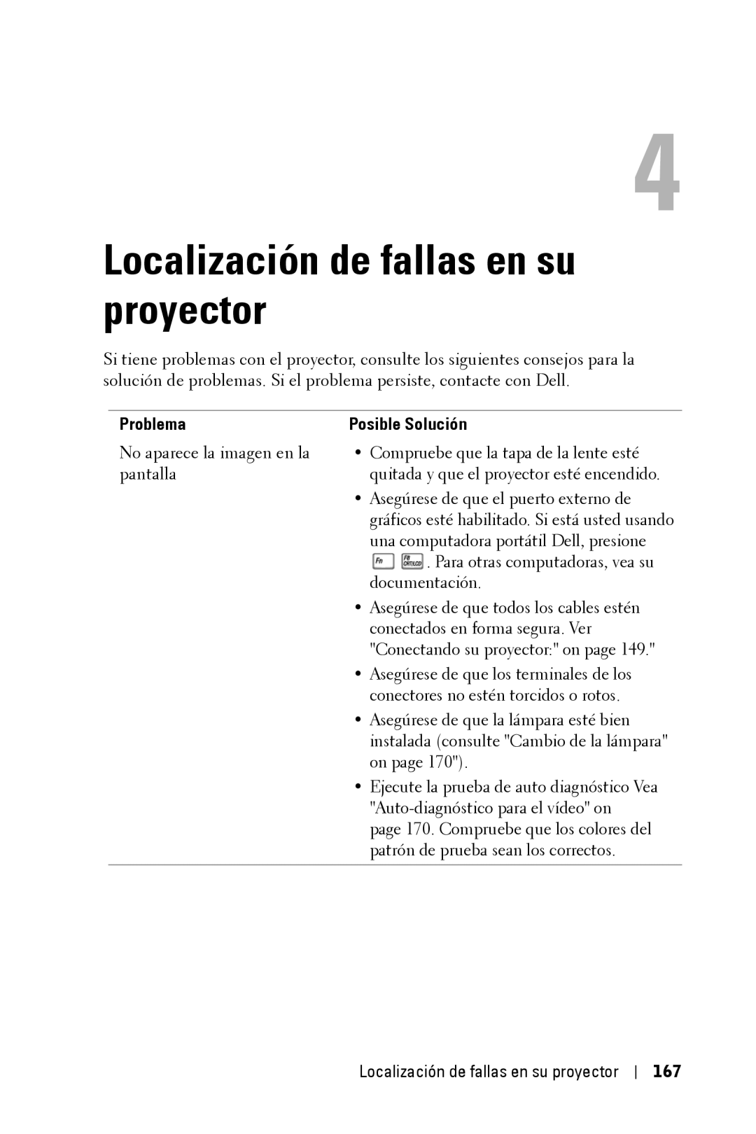 Dell 3400MP owner manual Problema, Localización de fallas en su proyector 167 