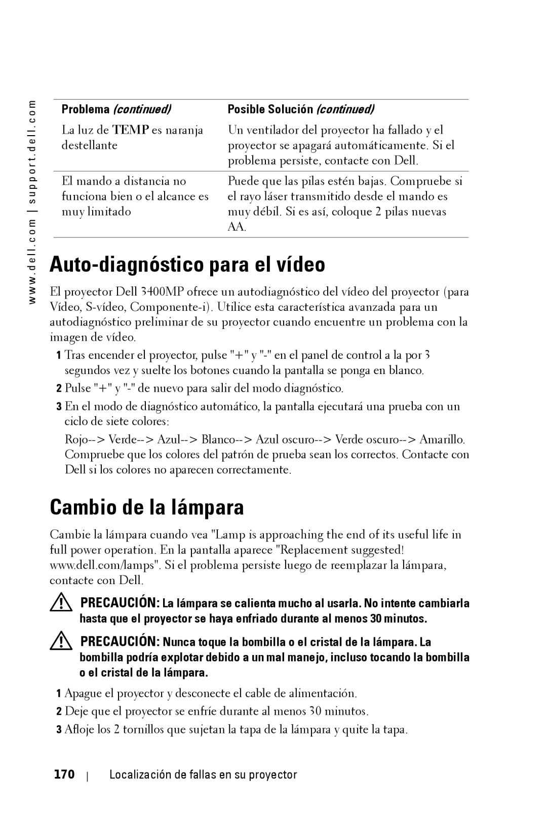 Dell 3400MP owner manual Auto-diagnóstico para el vídeo, Cambio de la lámpara, Localización de fallas en su proyector 