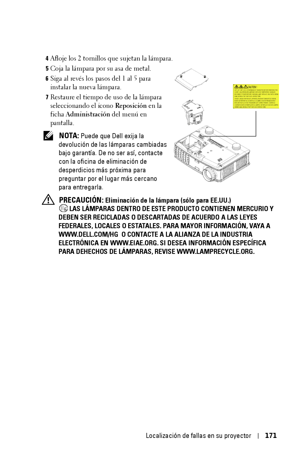 Dell 3400MP owner manual Precaución Eliminación de la lámpara sólo para EE.UU, Localización de fallas en su proyector 171 