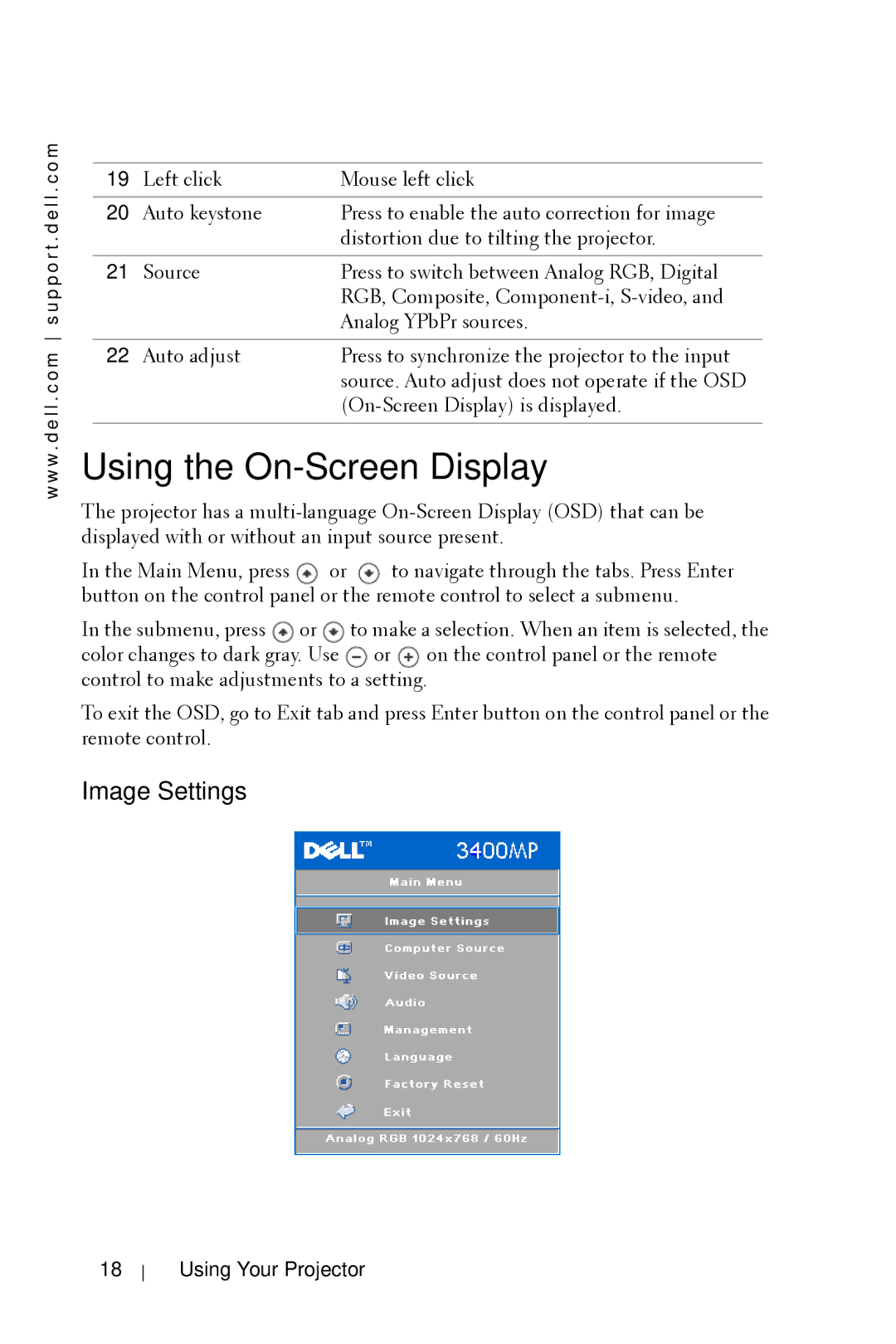 Dell 3400MP owner manual Using the On-Screen Display, Image Settings 