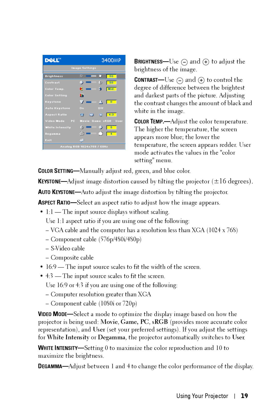 Dell 3400MP owner manual To adjust 