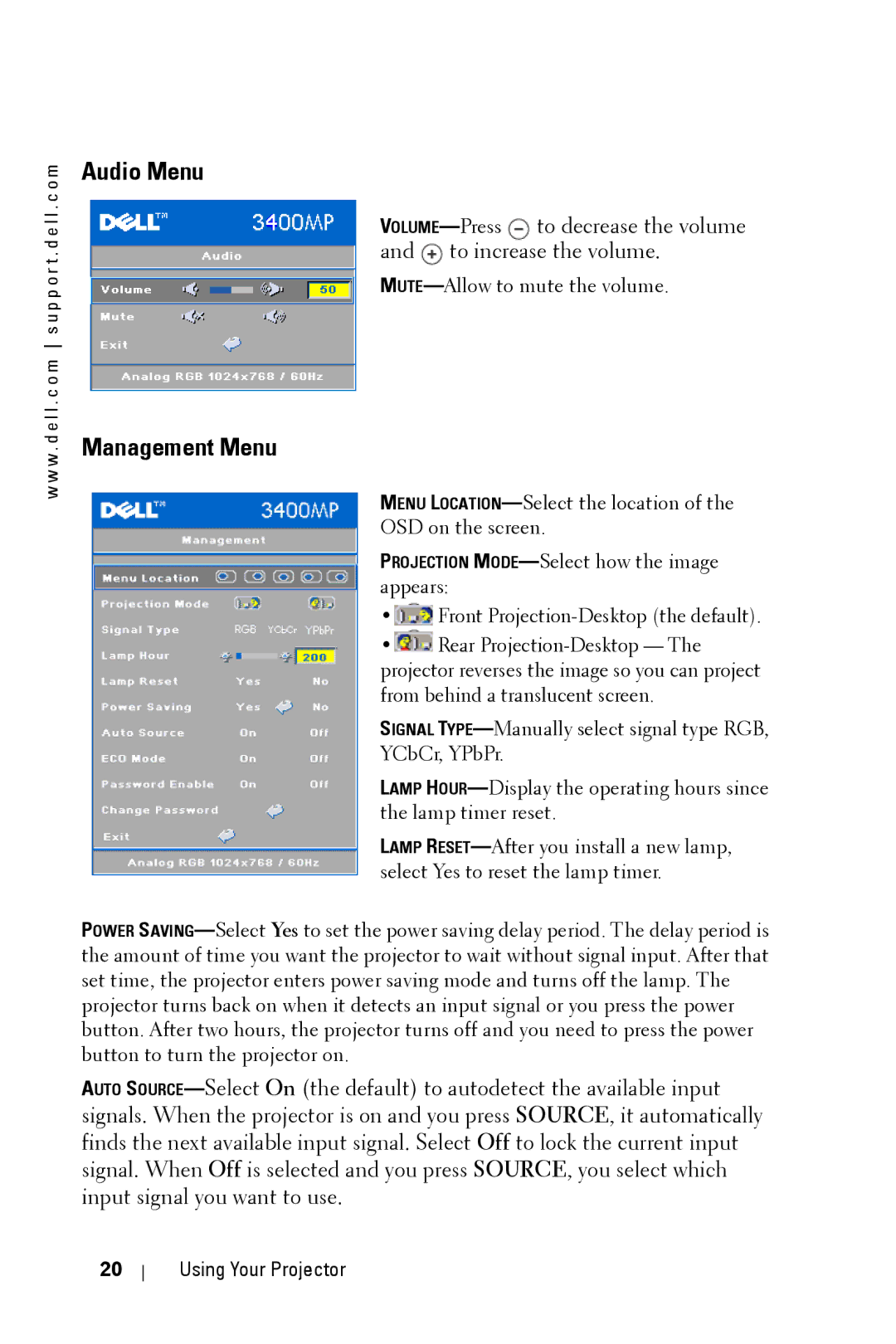 Dell 3400MP owner manual Audio Menu, Management Menu 