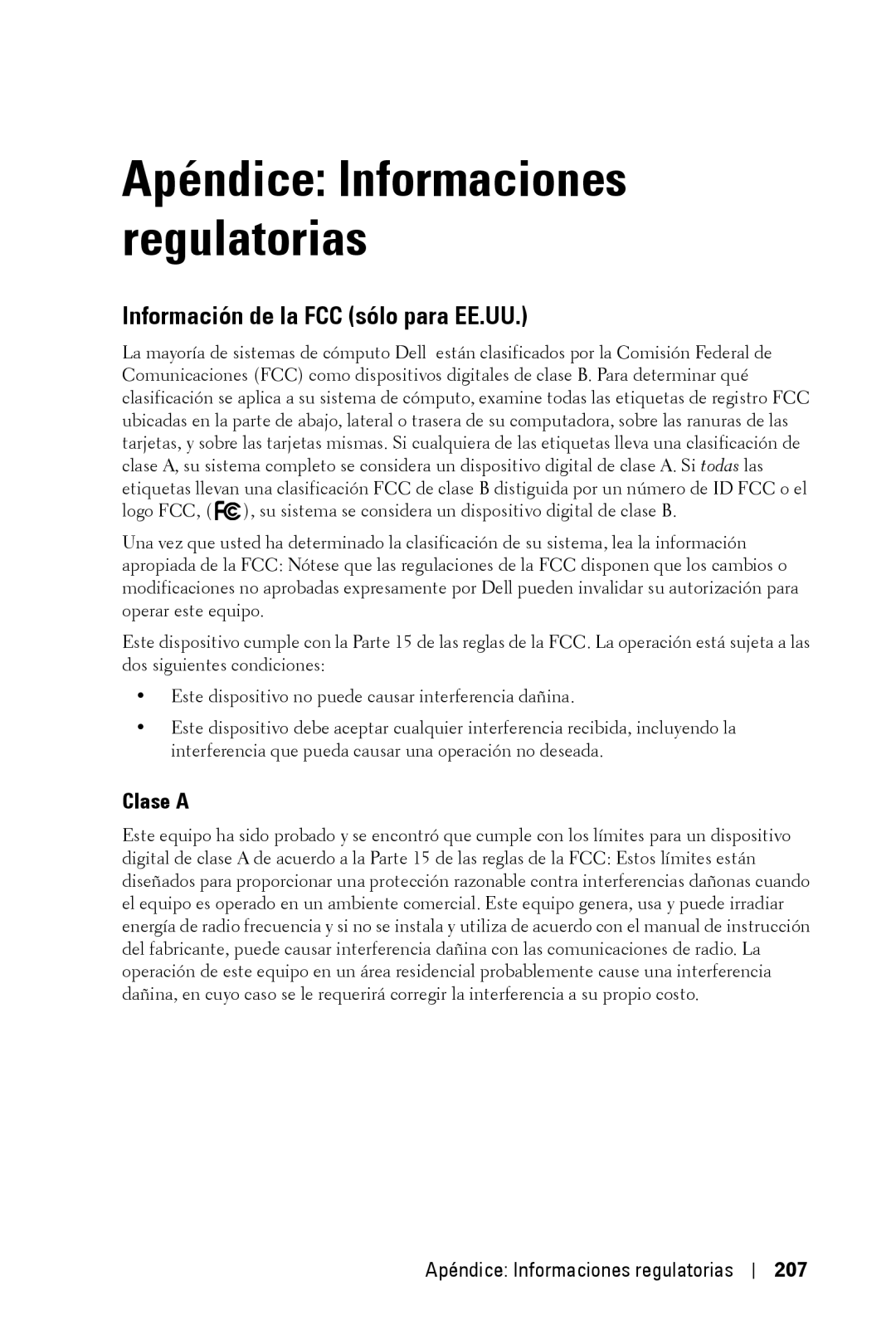 Dell 3400MP owner manual Información de la FCC sólo para EE.UU, Apéndice Informaciones regulatorias 207 