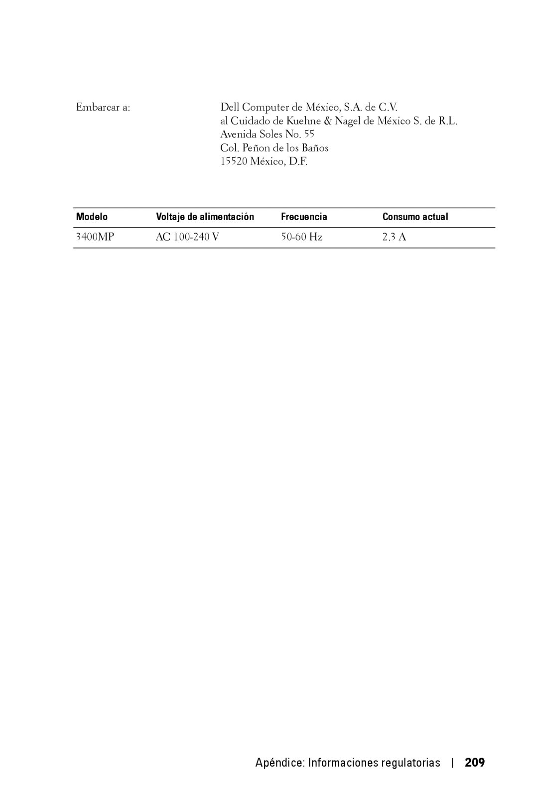 Dell 3400MP owner manual Apéndice Informaciones regulatorias 209 