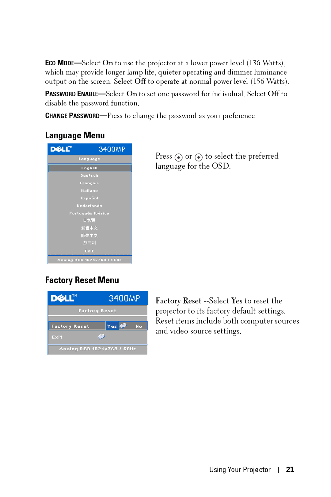 Dell 3400MP owner manual Language Menu, Factory Reset Menu 