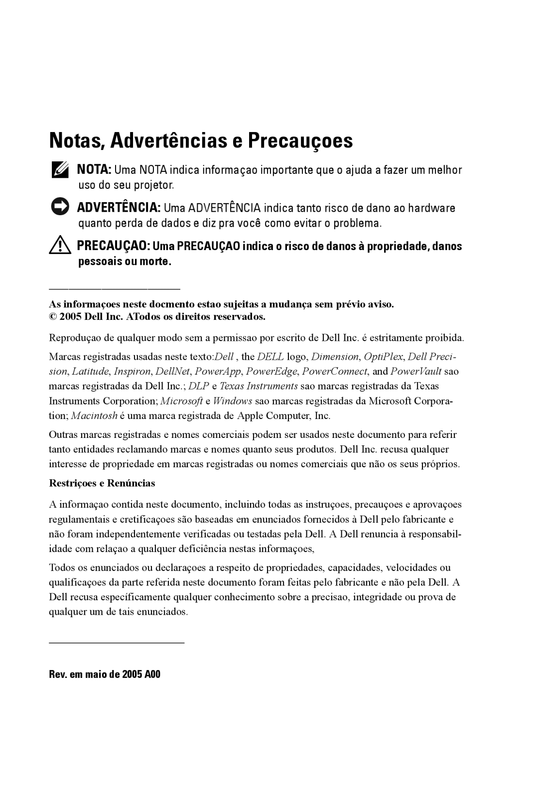 Dell 3400MP owner manual Notas, Advertências e Precauçoes, Restriçoes e Renúncias 