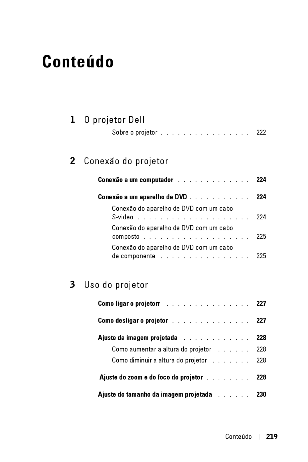 Dell 3400MP owner manual Conteúdo, Conexão a um aparelho de DVD 224, 227, 230 