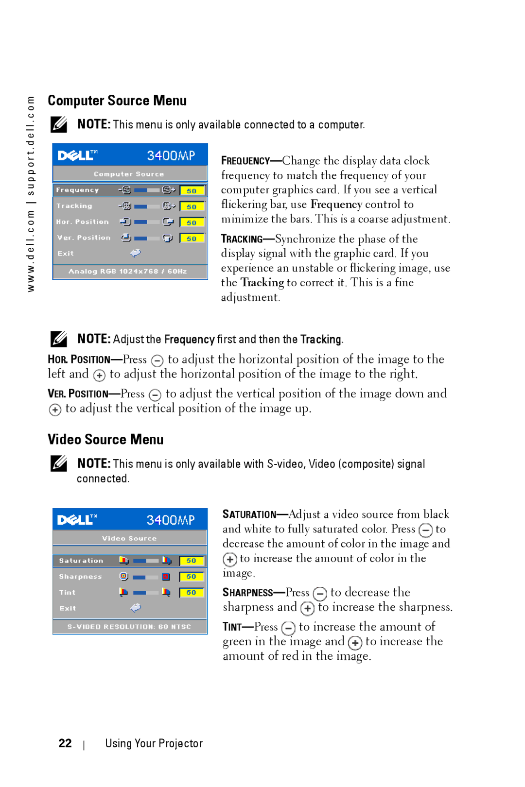 Dell 3400MP owner manual Computer Source Menu, Video Source Menu, Increase the sharpness 