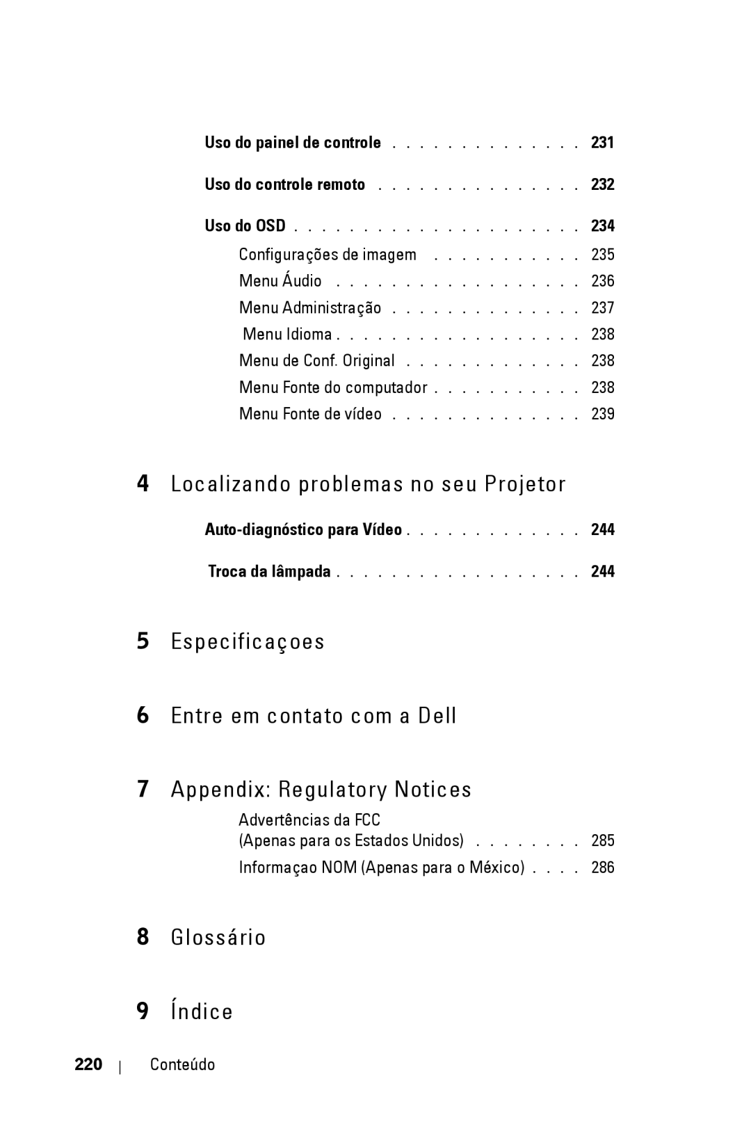 Dell 3400MP owner manual 231, 232, 234, Auto-diagnóstico para Vídeo 244 