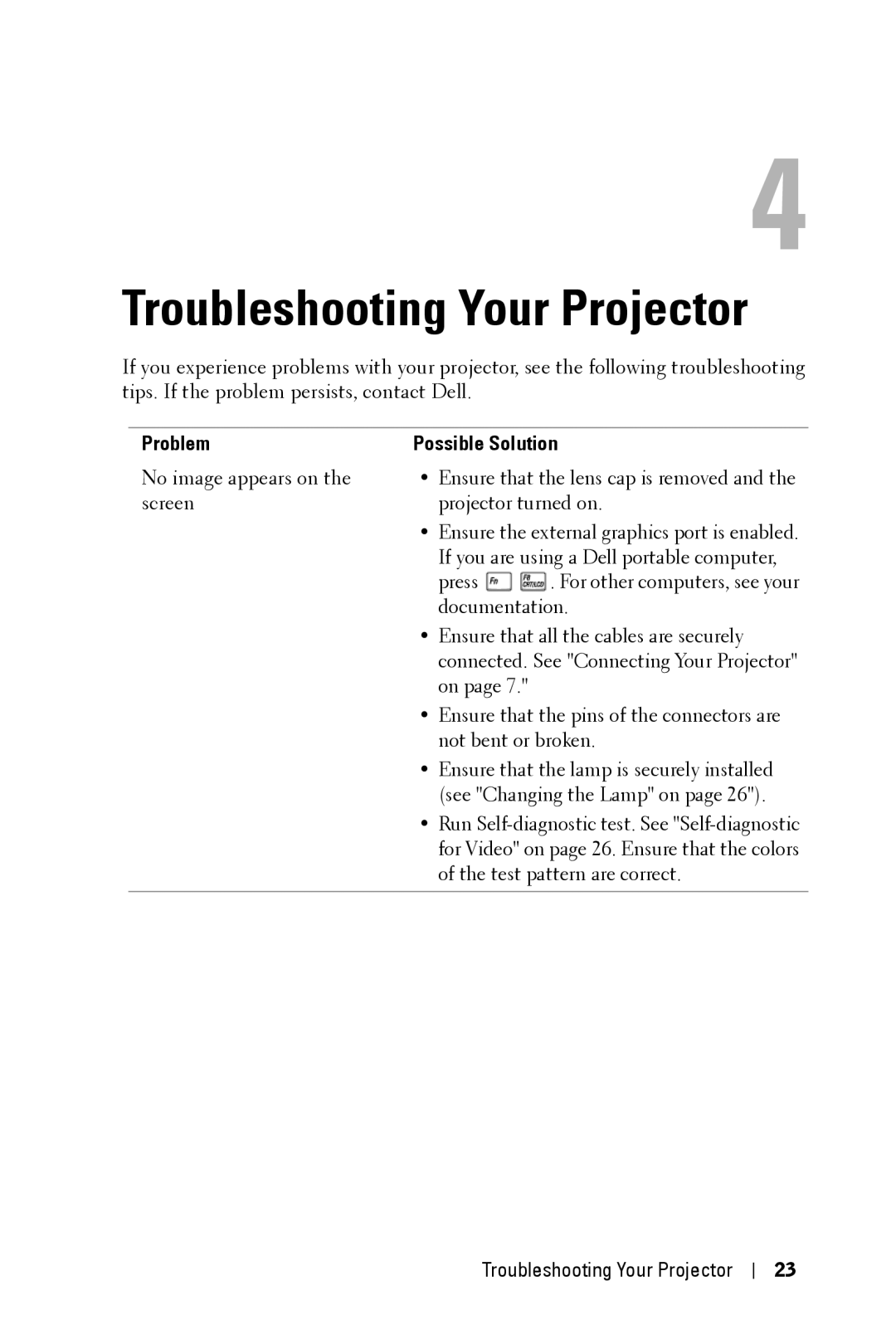 Dell 3400MP owner manual Troubleshooting Your Projector, Problem 