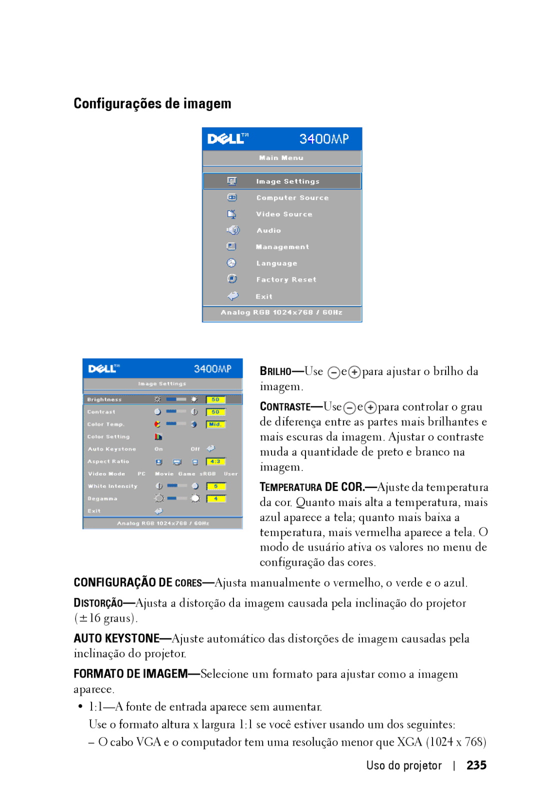 Dell 3400MP owner manual Configurações de imagem, Uso do projetor 235 