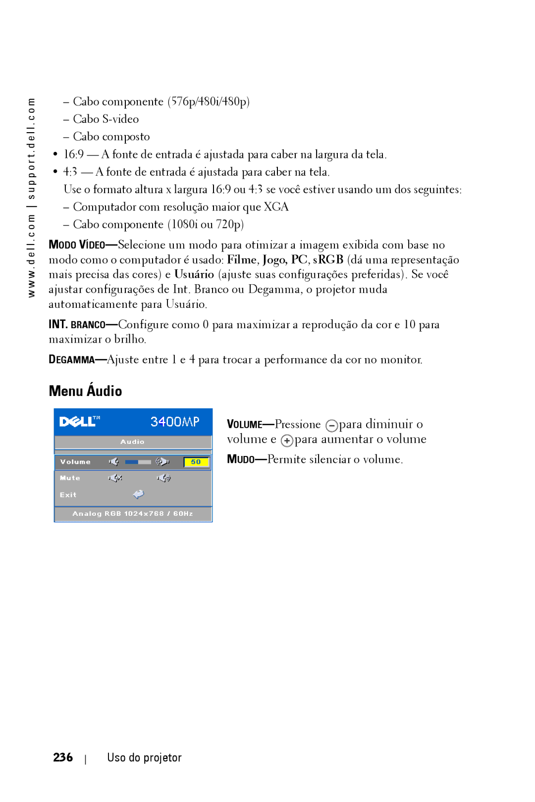 Dell 3400MP owner manual Menu Áudio, Uso do projetor 