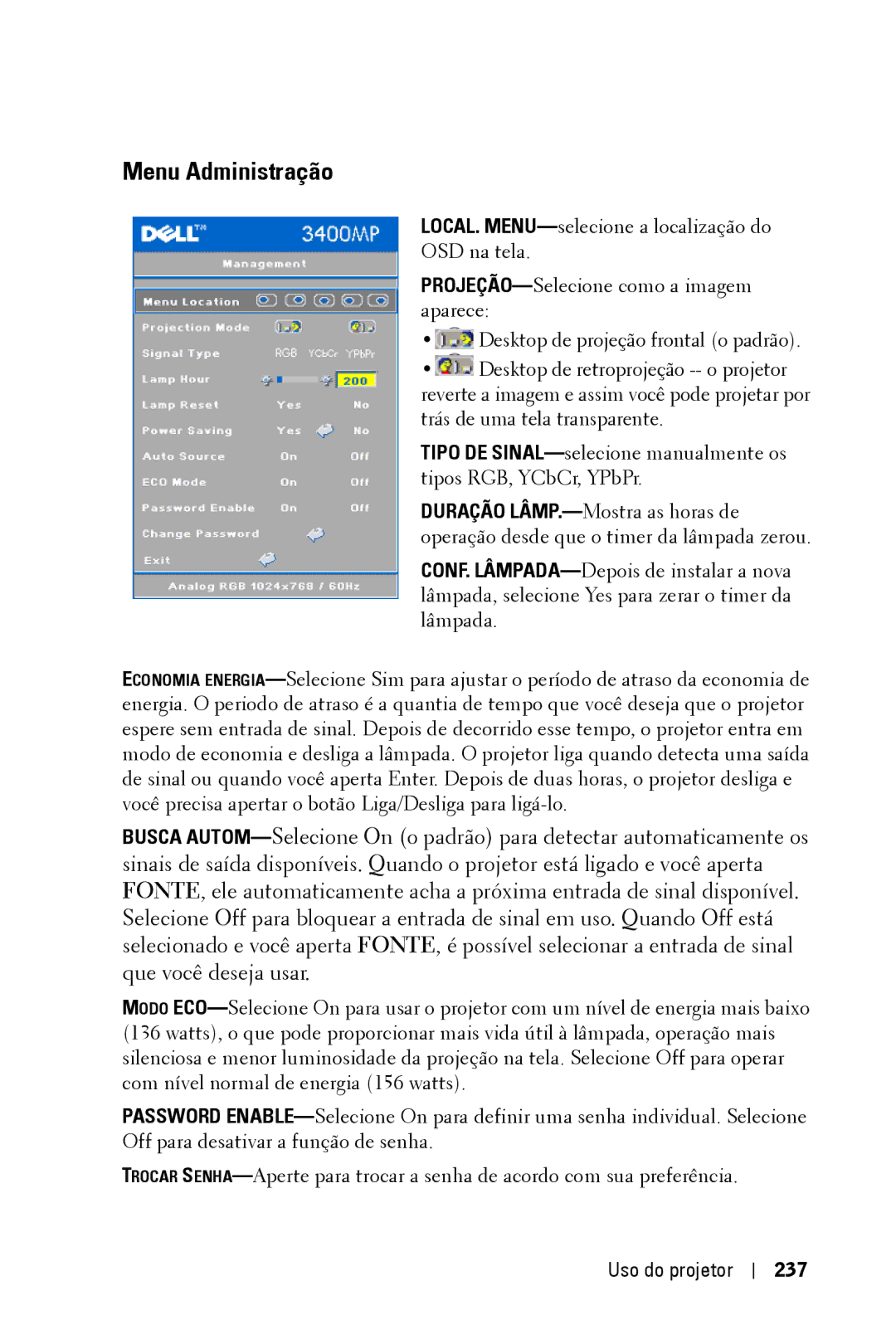 Dell 3400MP owner manual Menu Administração, Uso do projetor 237 