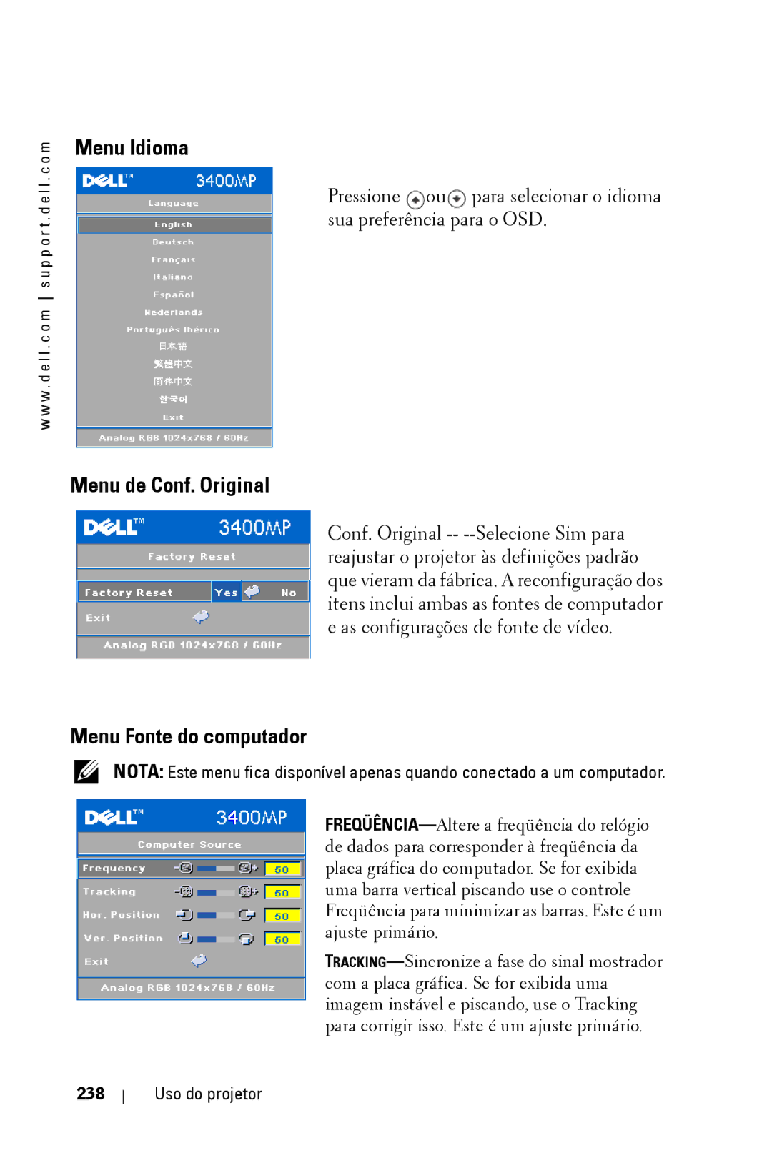 Dell 3400MP owner manual Menu Idioma, Menu de Conf. Original, Menu Fonte do computador, Uso do projetor 