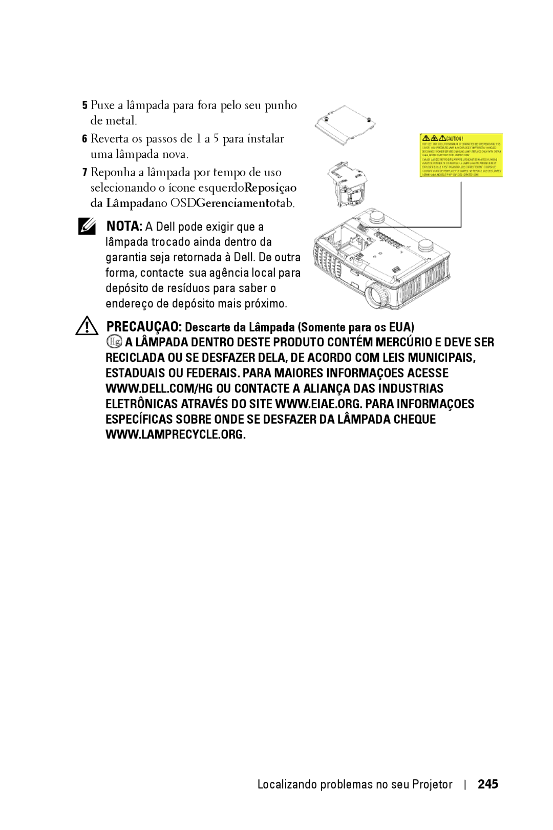 Dell 3400MP owner manual Precauçao Descarte da Lâmpada Somente para os EUA, 245 