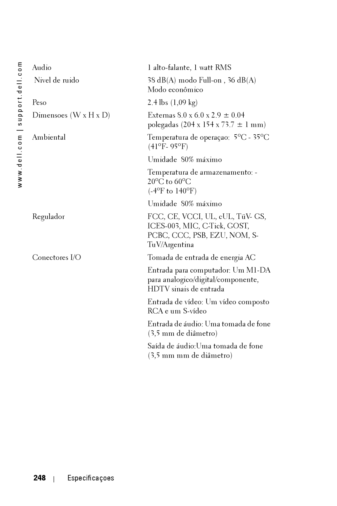 Dell 3400MP owner manual Especificaçoes 