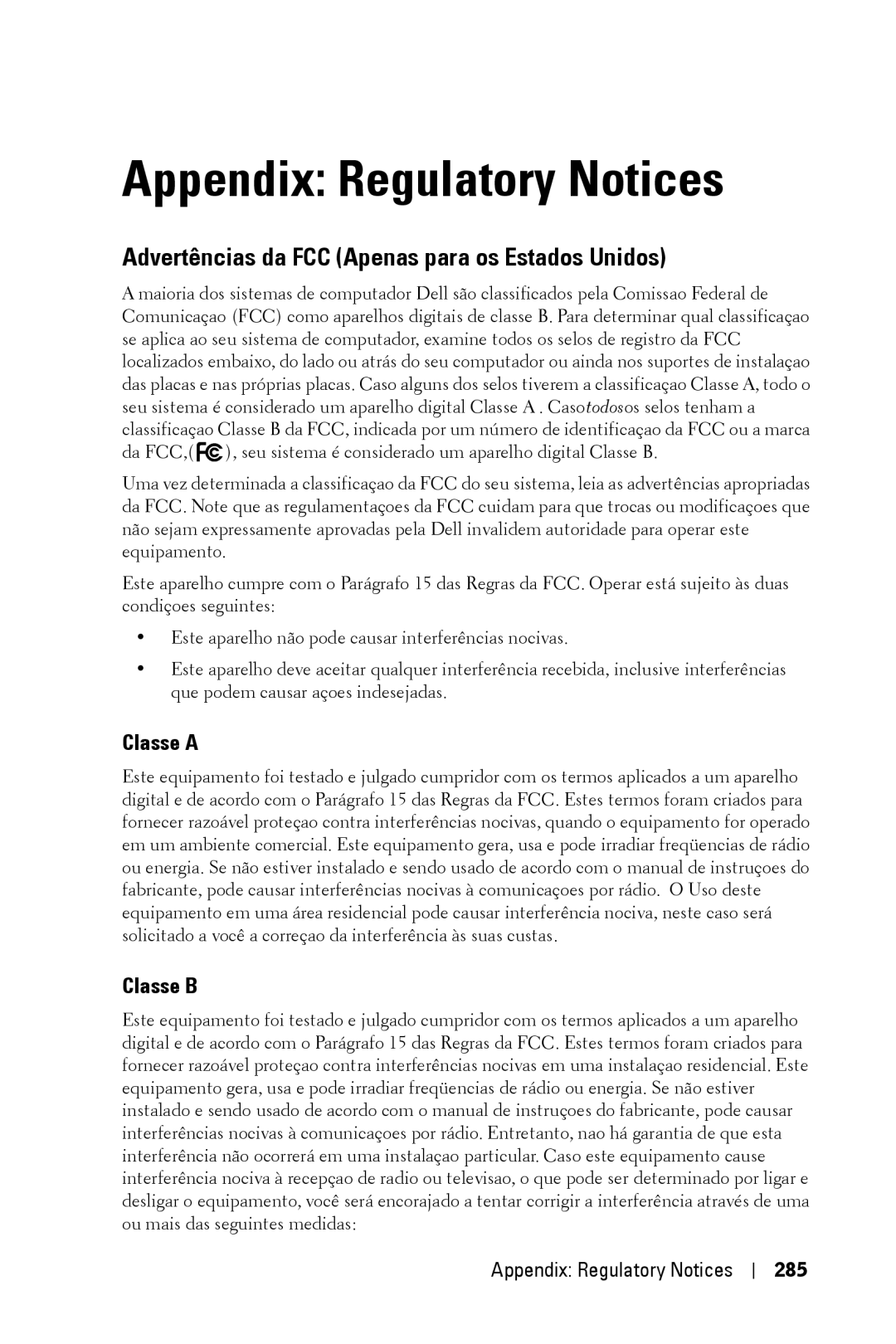 Dell 3400MP owner manual Advertências da FCC Apenas para os Estados Unidos, Appendix Regulatory Notices 285 