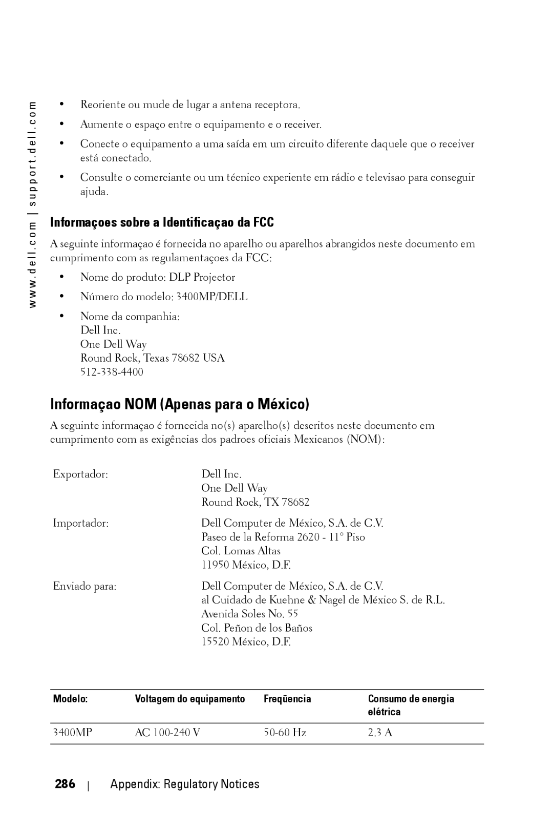 Dell 3400MP owner manual Informaçao NOM Apenas para o México, Appendix Regulatory Notices 