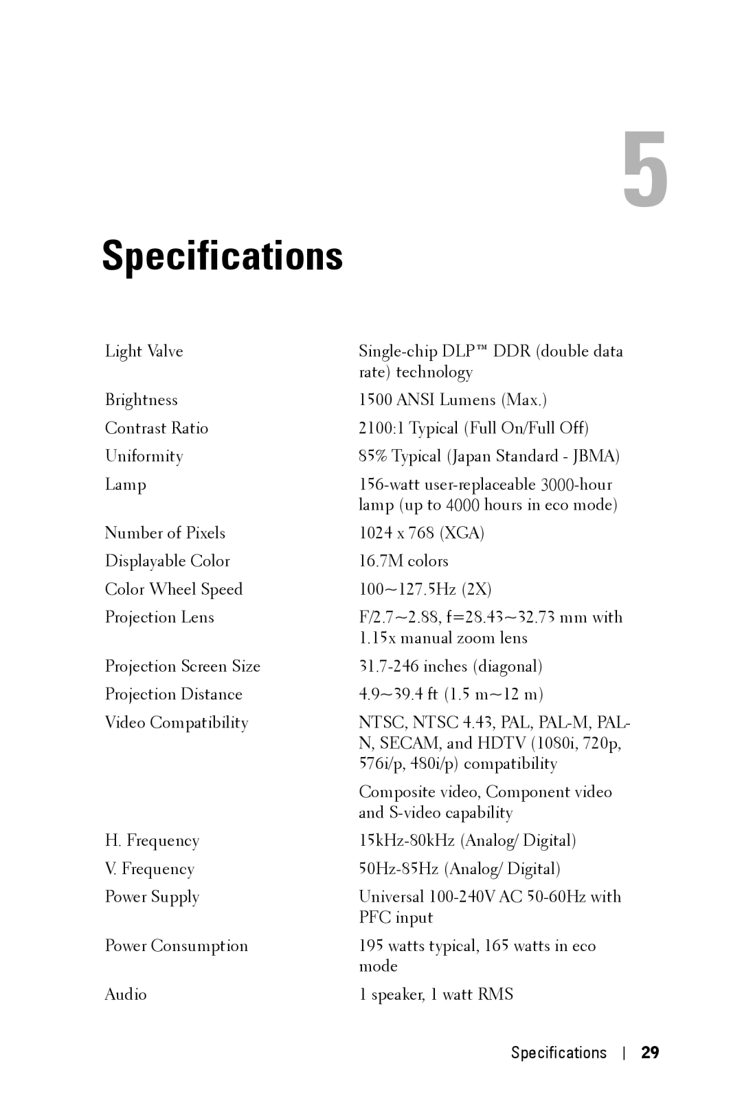 Dell 3400MP owner manual Specifications 