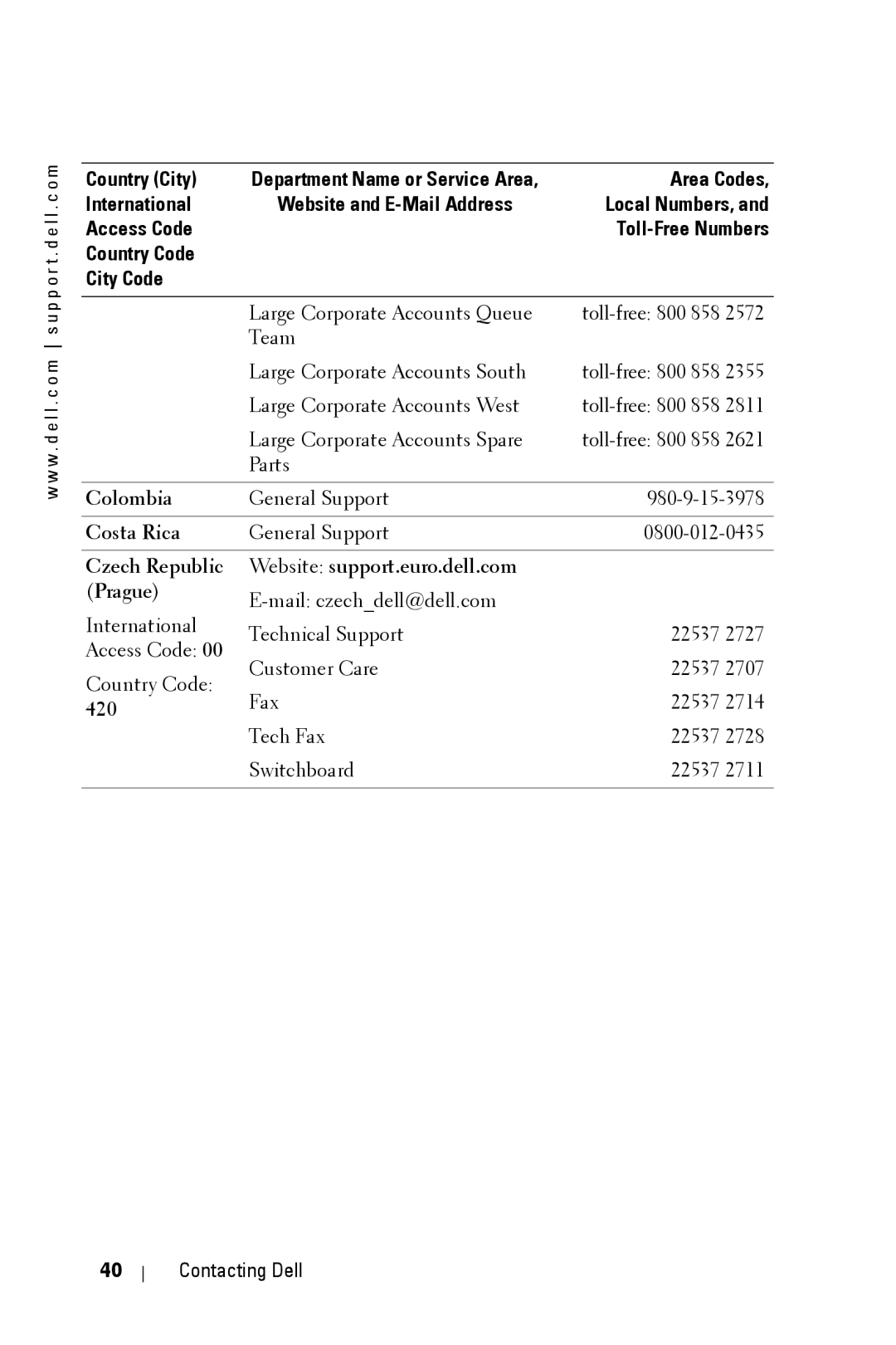 Dell 3400MP owner manual Colombia, Costa Rica, Czech Republic Website support.euro.dell.com Prague, 420 