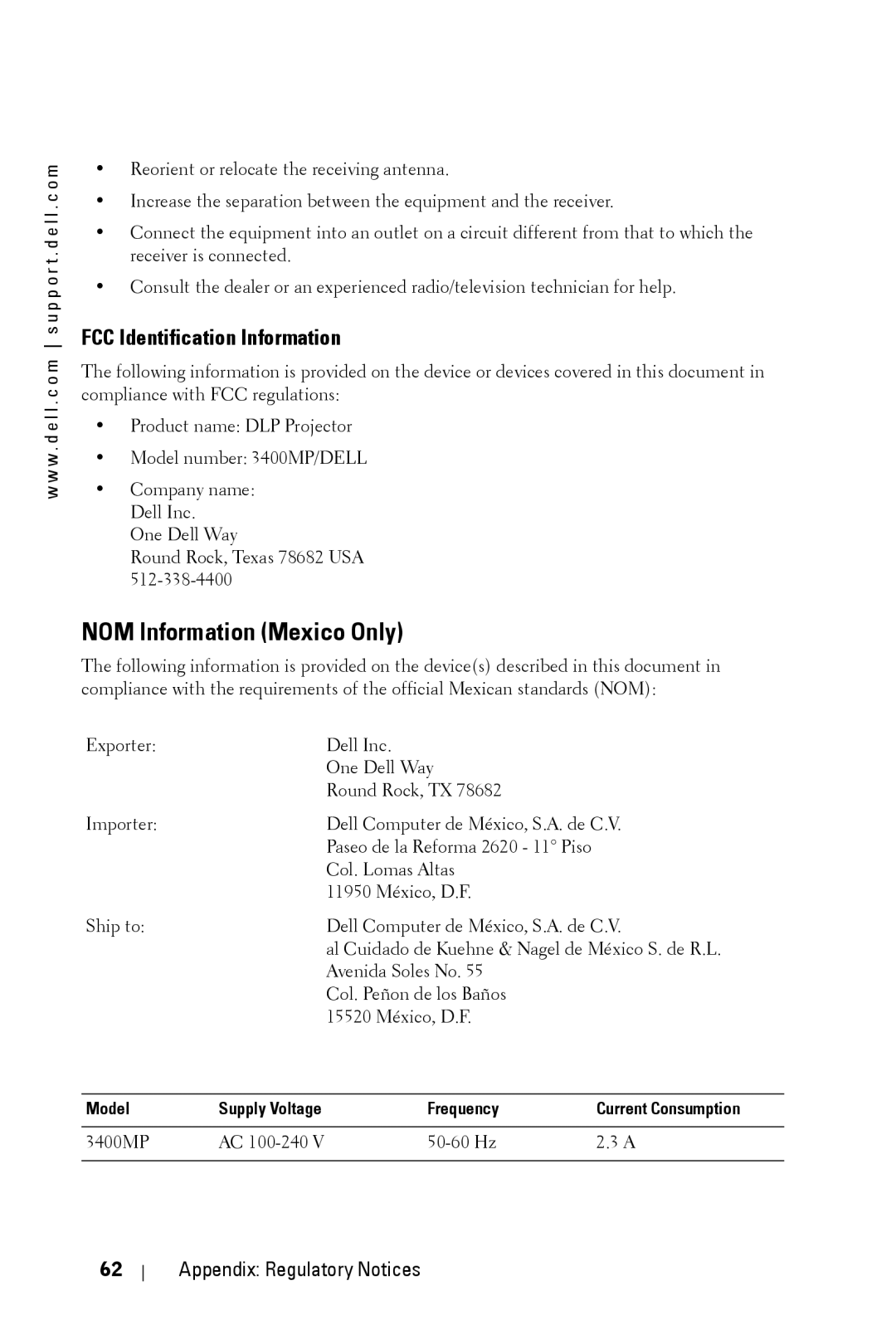 Dell 3400MP owner manual NOM Information Mexico Only, FCC Identification Information 