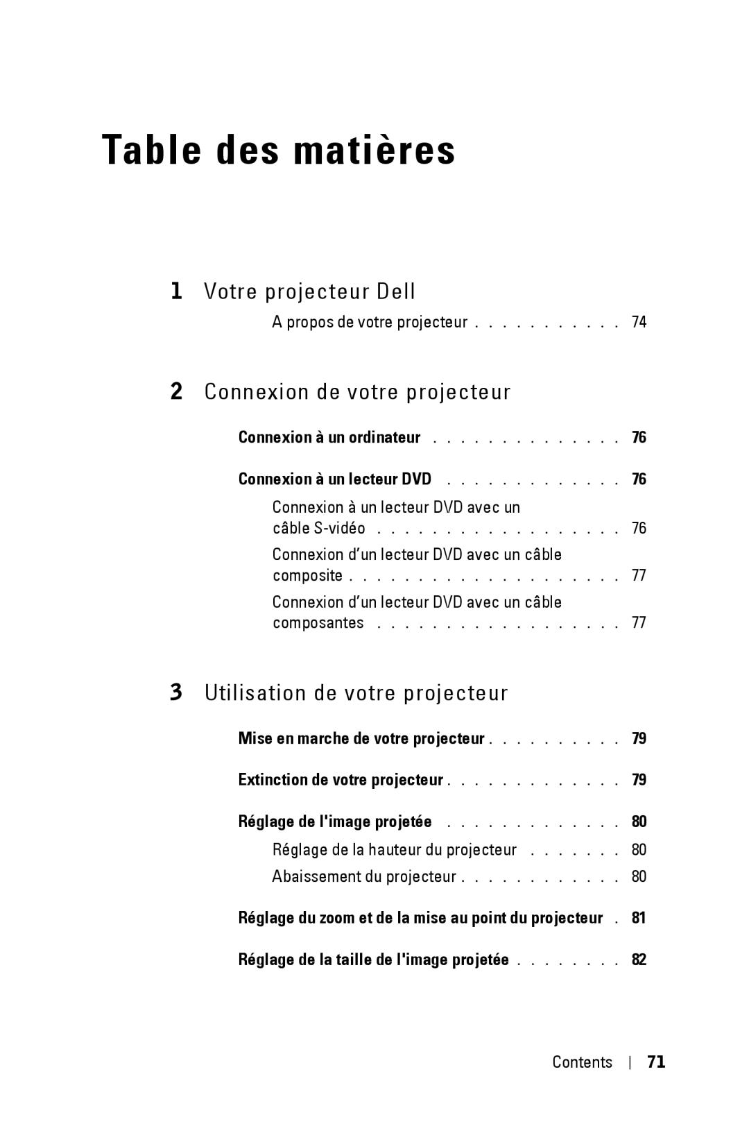 Dell 3400MP owner manual Table des matières, Connexion à un lecteur DVD, Réglage de la taille de limage projetée 