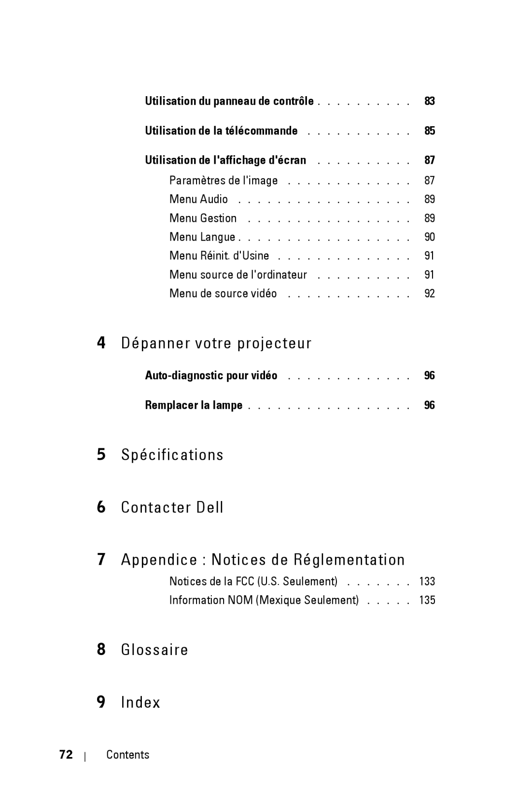 Dell 3400MP owner manual Menu source de lordinateur, Auto-diagnostic pour vidéo, 133, Information NOM Mexique Seulement 135 