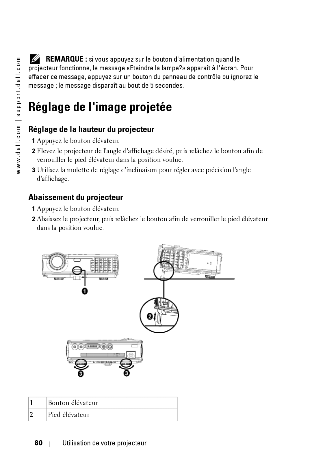 Dell 3400MP owner manual Réglage de limage projetée, Réglage de la hauteur du projecteur, Abaissement du projecteur 