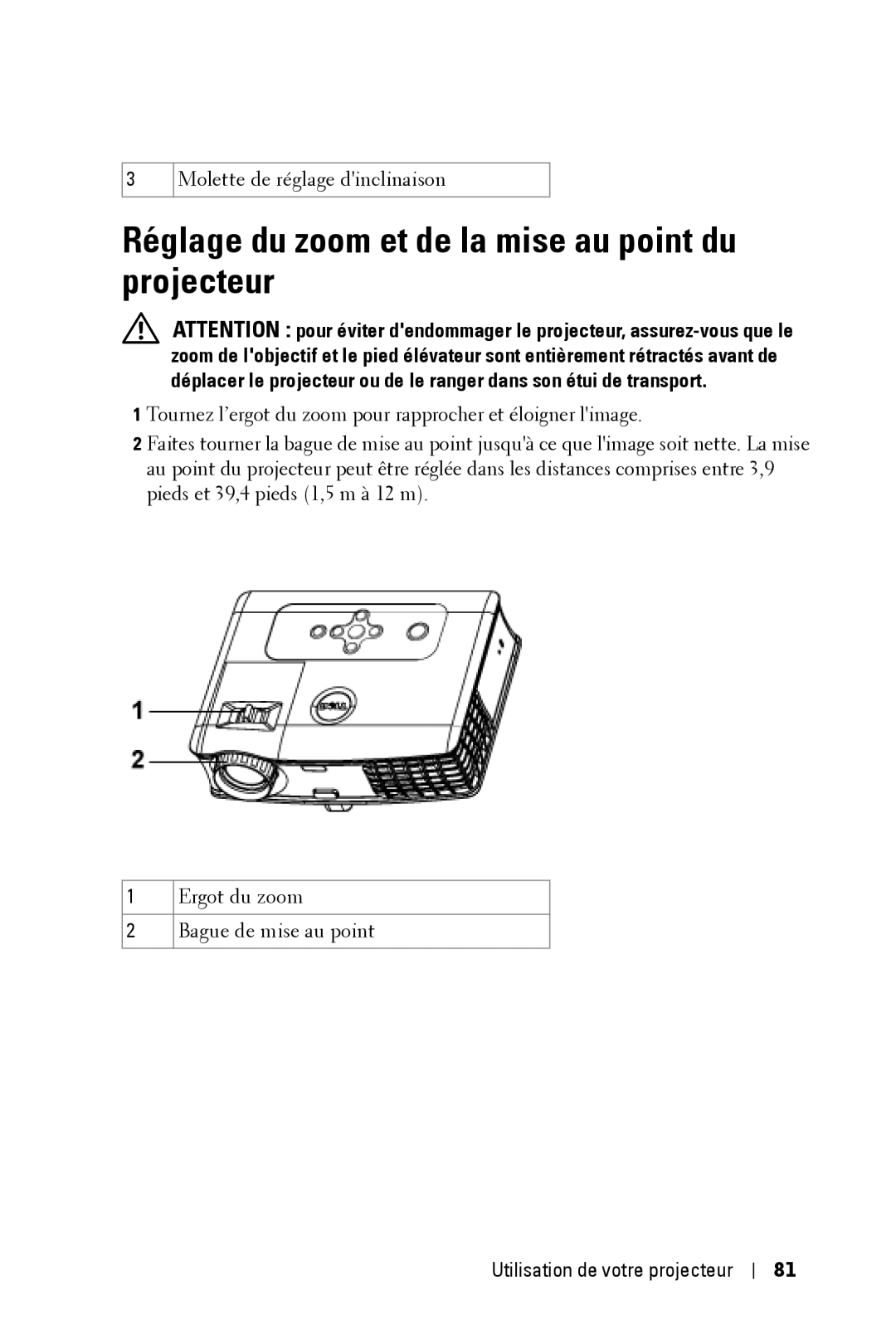 Dell 3400MP owner manual Réglage du zoom et de la mise au point du projecteur 