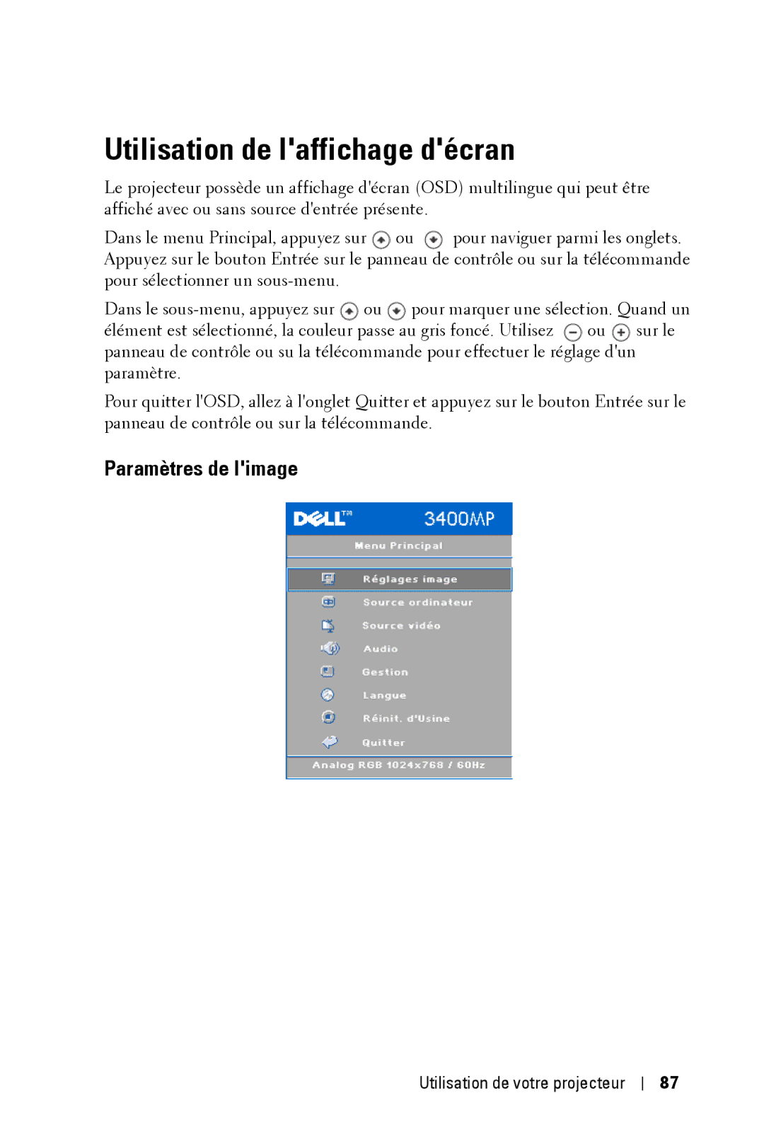 Dell 3400MP owner manual Utilisation de laffichage décran, Paramètres de limage 