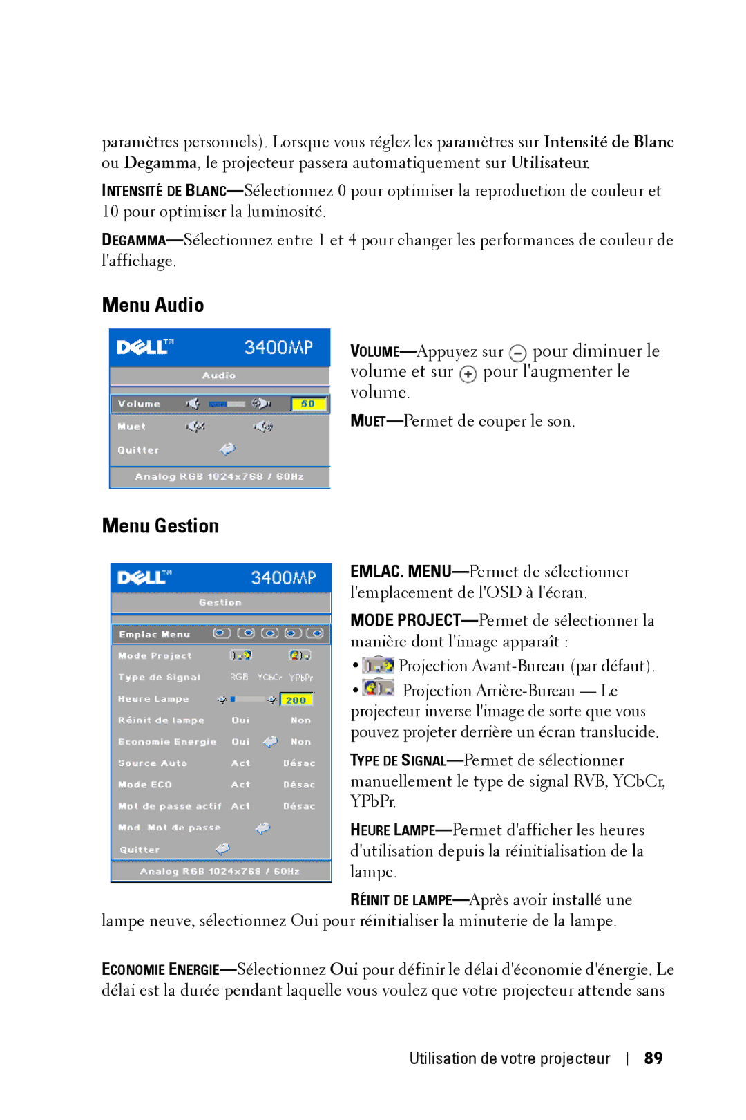 Dell 3400MP owner manual Menu Audio, Menu Gestion 