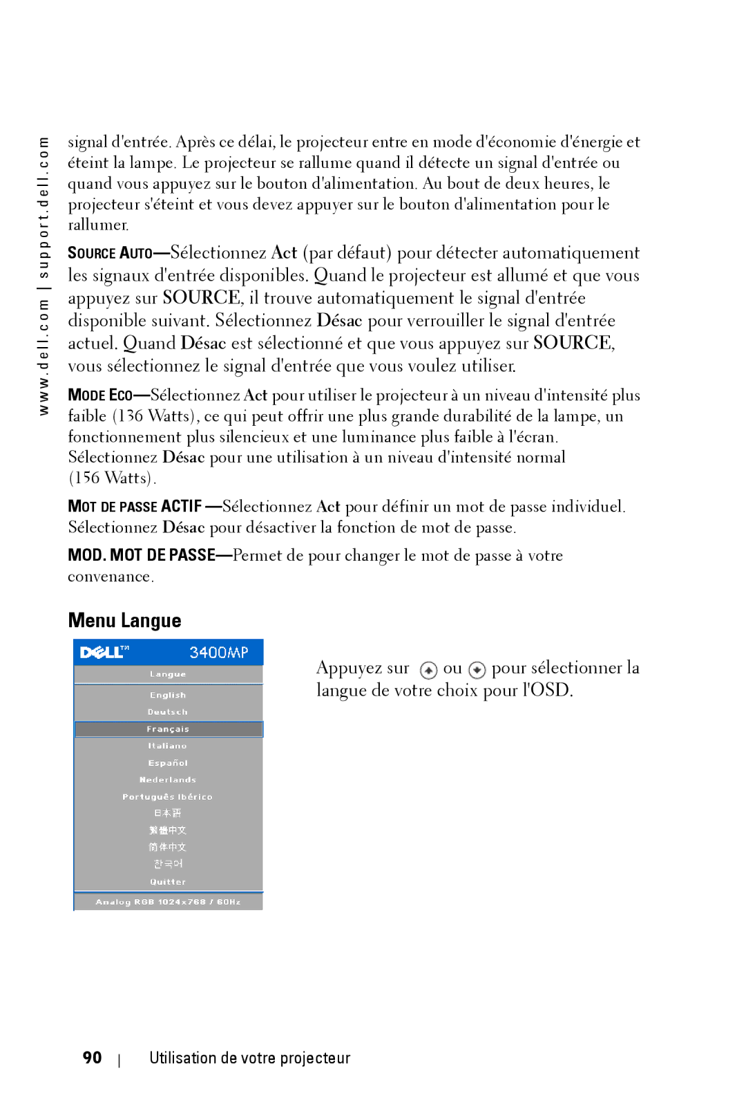 Dell 3400MP owner manual Menu Langue 